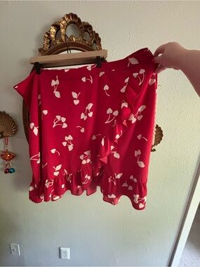 ModCloth Red Cherry Floral Ruffle Wrap Skirt